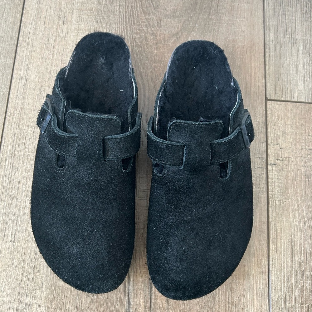 Birkenstock Boston Clogs EU39 Black Suede Shearling Lined Slip On